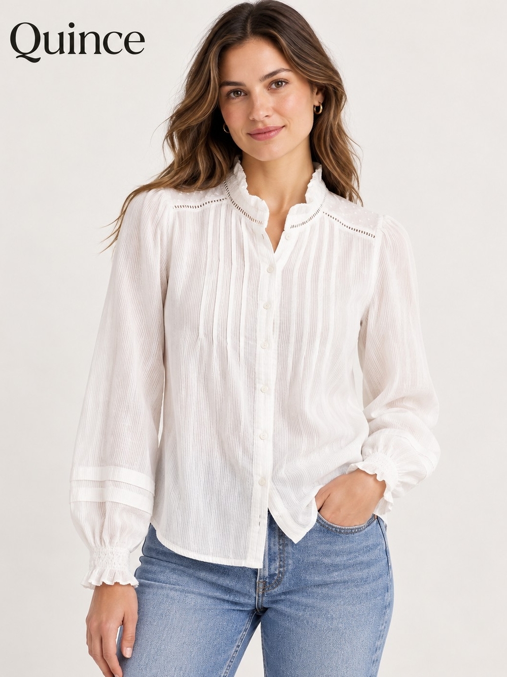 Title:
Quince 100% Organic Cotton White Ruffle Pintuck Blouse XS